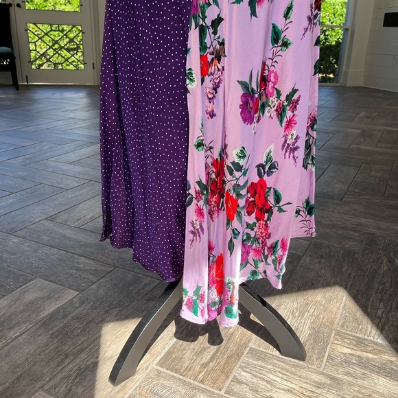 Ghost Carly Purple Floral Polka Dot Bell Sleeve Dip Hem Midi Dress, Size M - Picture 4 of 5